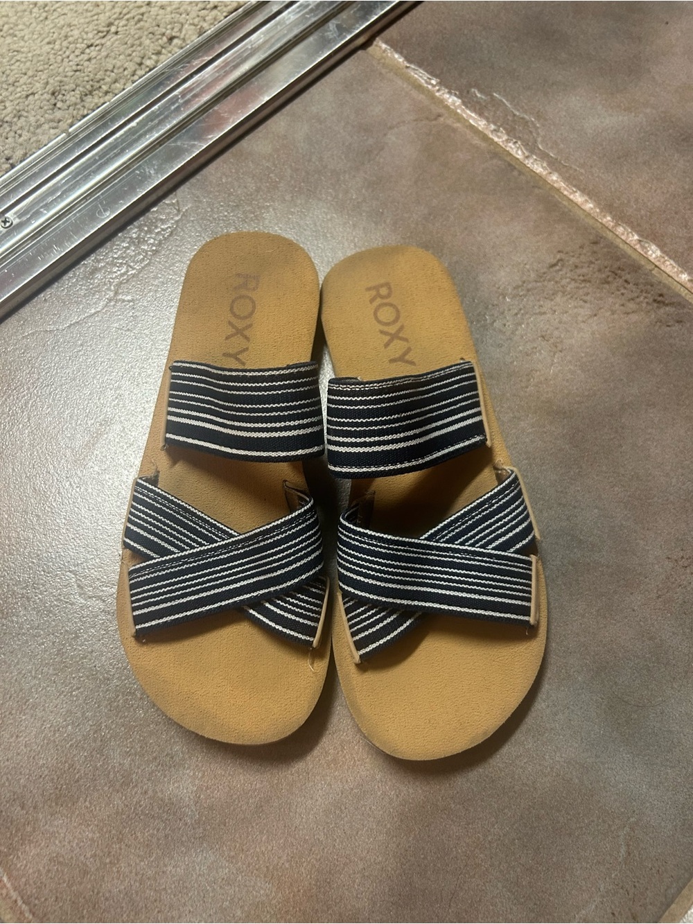 Roxy Slide Sandals with Navy and White Striped Cross Straps